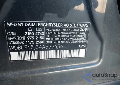 2004 Mercedes-Benz E 320 z USA, uszkodzony, nr VIN WDBUF65J34J533656